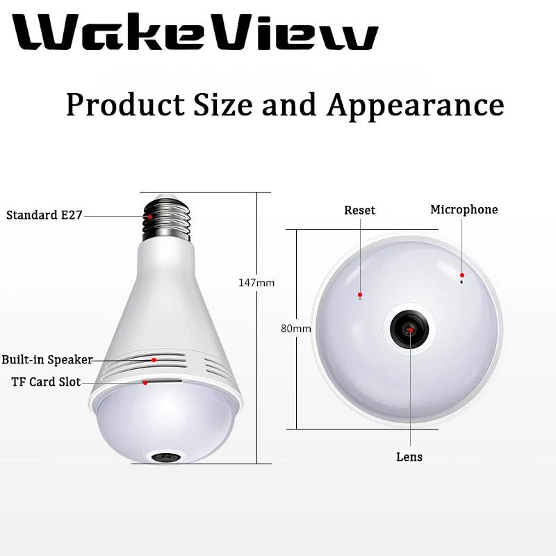 WakeView 2MP Bluetooth Music Camera Wireless Panoramic Home Surveillance Security WiFi CCTV Fisheye Bulb Lamp 1080P IP Camera