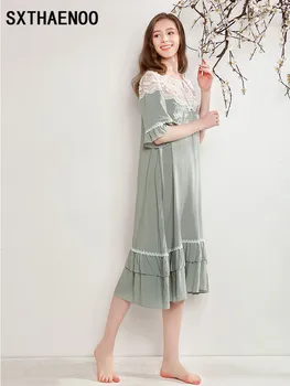 

SXTHAENOO Women Soft Elegant Long Nightgowns Female Sweet Princess Sleeping Home Dress Lady Lace Sexy Nightdress Nightclothes