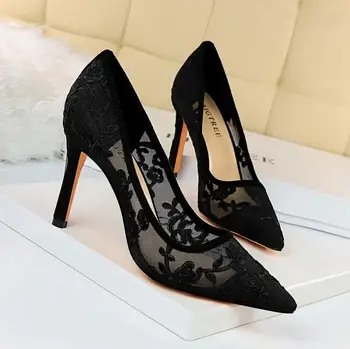 

Fashion banquet women's shoes wedding shoes thin heel high heel shallow mouth pointed flower mesh lace single shoes
