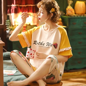 

2020 New Style Pajamas Suit Large Casual Thin Clothing Sleepwear Homewear Korea Women's Summer Edition of Pure Cotton Short