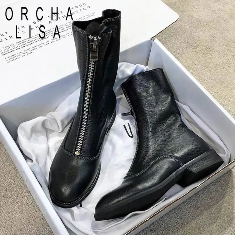

ORCHA LISA Women Ankle Boots Faux leather Round Toe Square Thick Heel Front Zipper Metal Decoration size 35-39 Black Autunmn