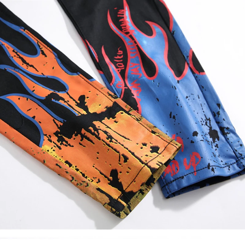 Promo Aolamegs Jeans Men Broken Flame Print Retro Style Denim Cool Letter Print Tight Casual All-match Hip Hop Style Jeans Streetwear
