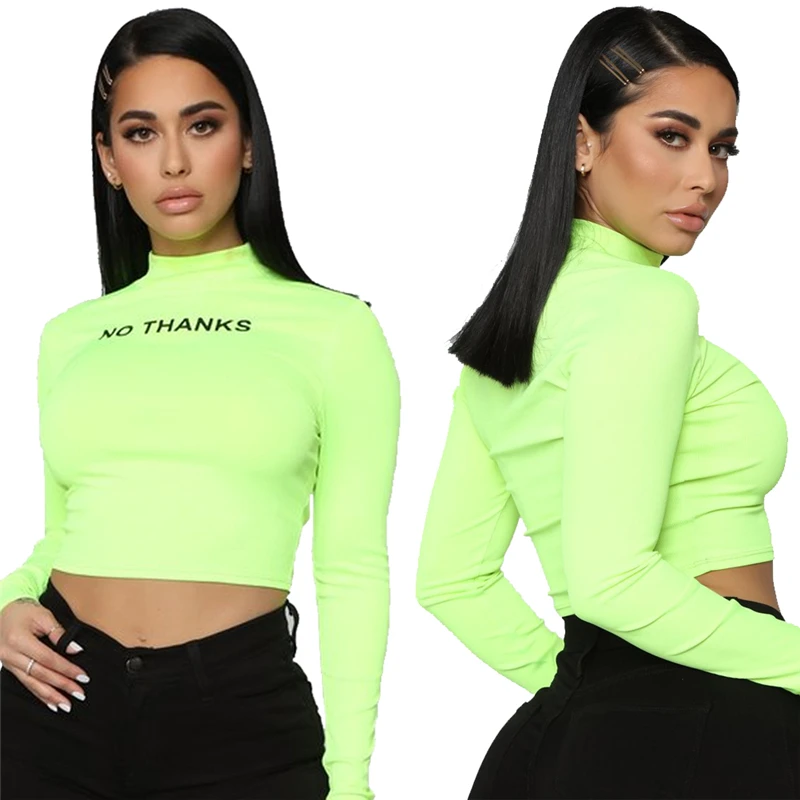 

Women Turtle Neck Crop Tops Long Sleeve No Thanks Short Stretch T-Shirts Letter Print Crop Top