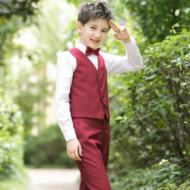 Children Korean Japanese School Uniform for Boys Kid White Shirt Black Pants Waistcoat Vest Tie Clothes Set Student Outfits Suit - Цвет: wine red set