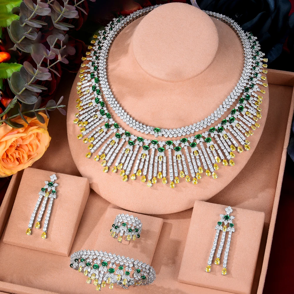 

KellyBola Fashion Gorgeous Noble High Quality Zircon Pendant Jewelry 4PCS Dubai African Bride Wedding Banquet Luxury Trendy Set