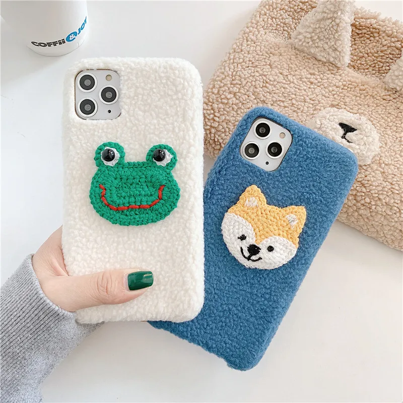 3D лягушка короткий меховой чехол для iPhone X XS Max XR зимний теплый медведь мех