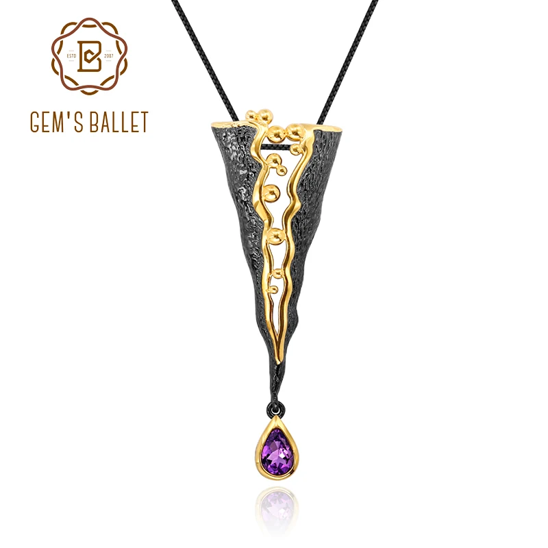 gem's-ballet-925-silver-jewelry-handmade-golden-bead-honey-raindrop-triangle-natural-amethyst-woman’s-statement-pendant-necklace