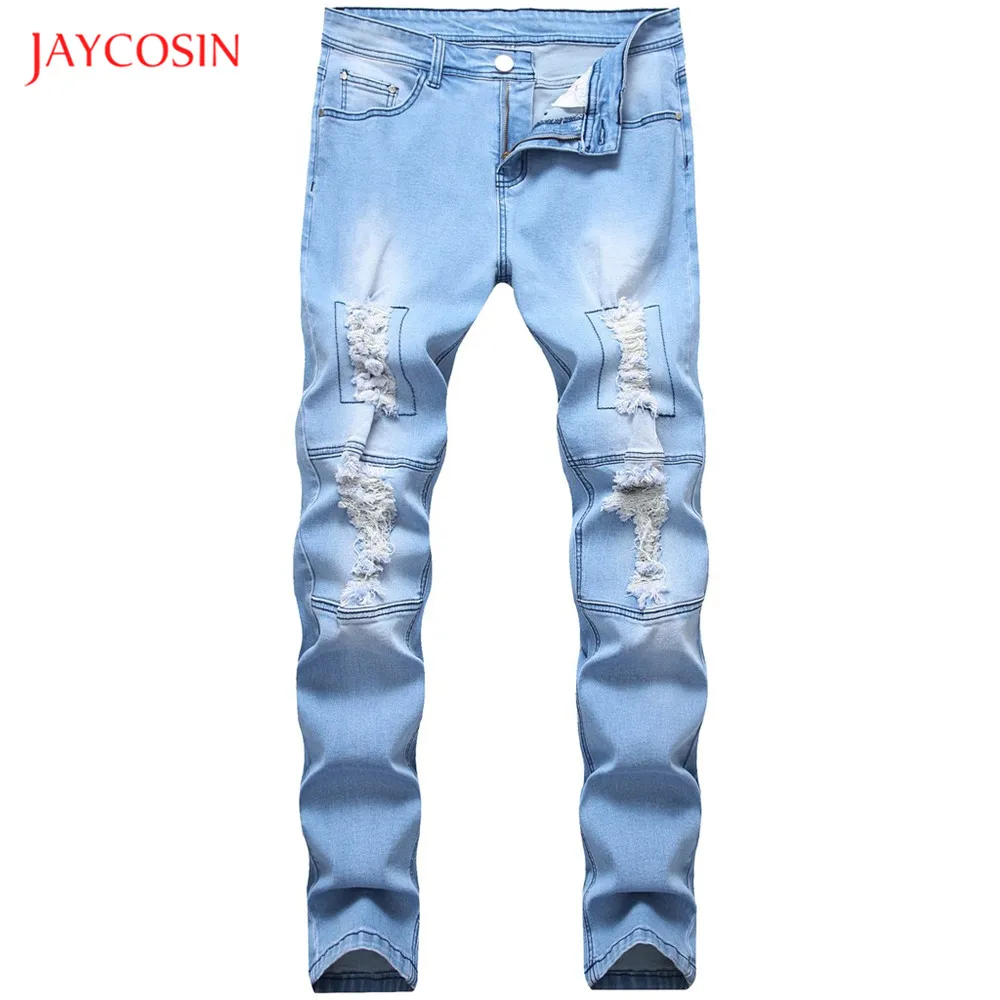 Jaycosin, мужские джинсовые брюки, вареные с плиссированными рваными дырками, джинсы на пуговицах, мужские джинсы-карандаш, брюки, светильник, синие,, зауженные джинсы