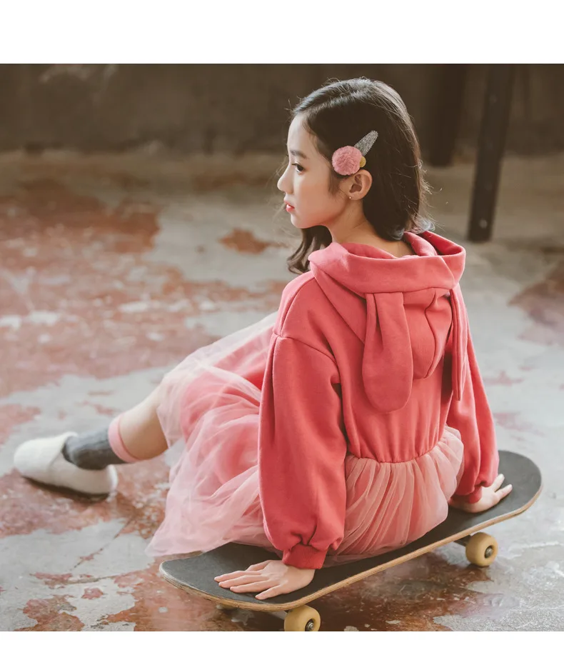 2020 Spring Autumn Big Girls Cute Pink Rabbit Ears Hooded Sweater Dresses Children Cotton Mesh Dress Blue Size 6 8 9 10 11 12 13 (14)
