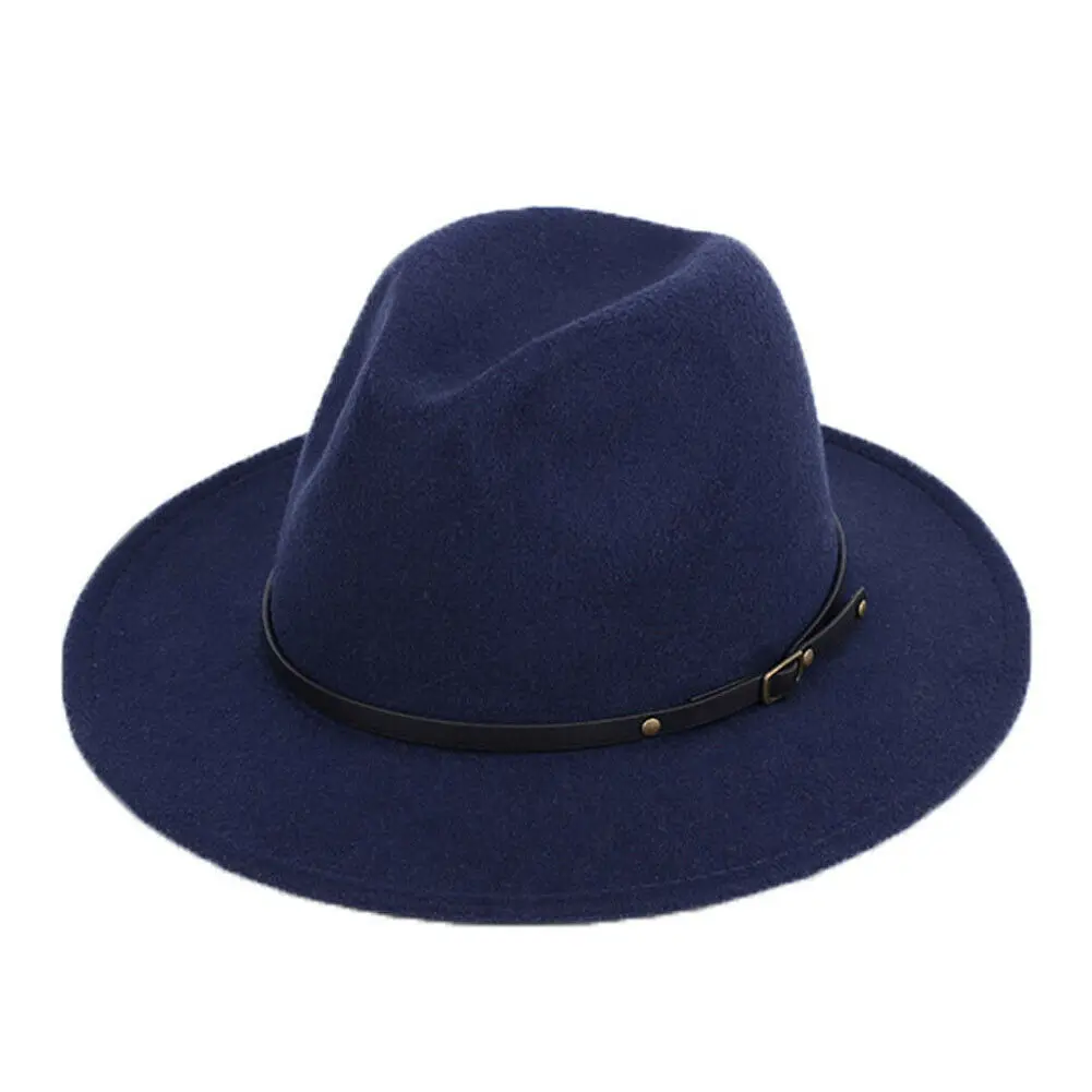 Navy Blue Фирменная Новинка, ремень с пряжкой для мужчин и женщин, формальная ковбойская шляпа, шерстяные фетровые шляпы, Панама джазовая, шляпа Outback Fedoras Hat - Цвет: Navy Blue