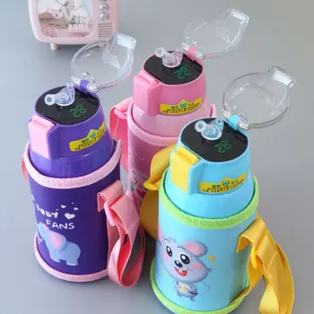 

Smart Thermos Water Bottle Led Digital Temperature Display Cartoon Cup Portable Pressing Straw Thermal Milk Mugs for Baby Kids