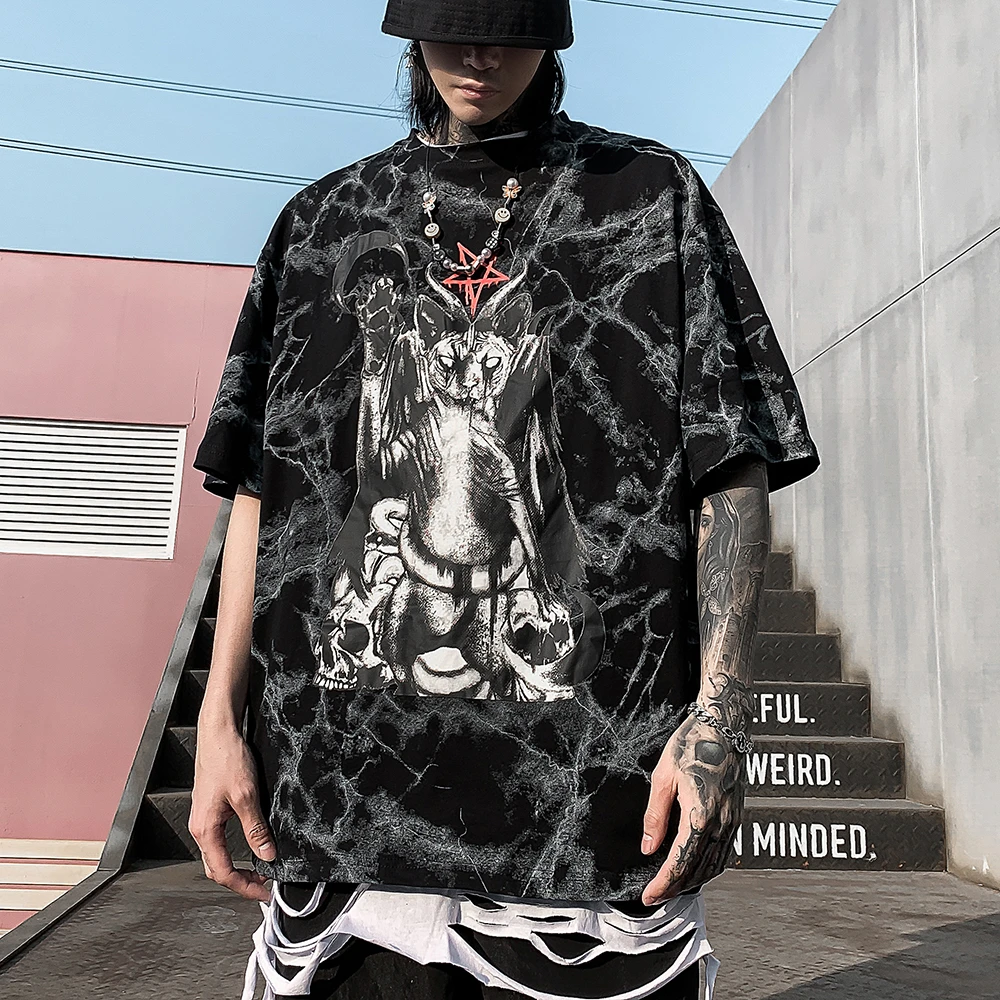Camiseta de moda Punk Rock hombre, ropa de calle, Hip Hop, de gran tamaño, con gráfico de gato negro, ropa gótica, 2022|Camisetas| - AliExpress