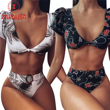 

Zapalisa Summer Beach Sexy Femininas Bikini Swimwear Suit Two Piece Set Top and Pants Printed Crop Top+Mid Waist Briefs