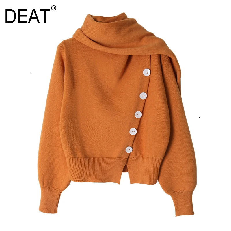 

[DEAT] Button Knitting Pullovers Sweater Loose Fit Scarf Neck Long Sleeve Women New Tide Fashion Autumn Winter 2020 19L-a24