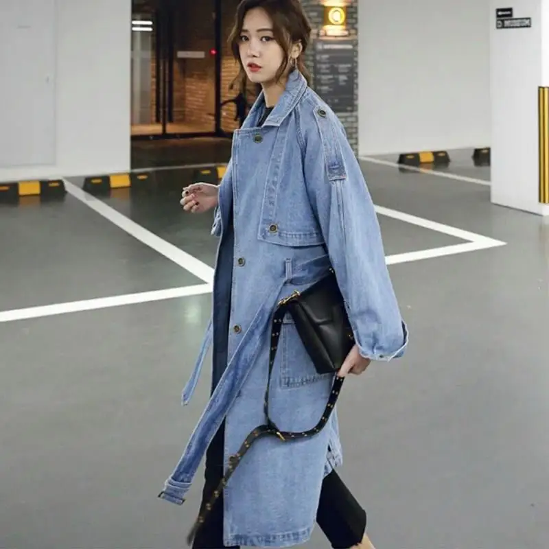 Autumn Denim Trench Coat For Women's Windbreaker Button Ladies Long ...