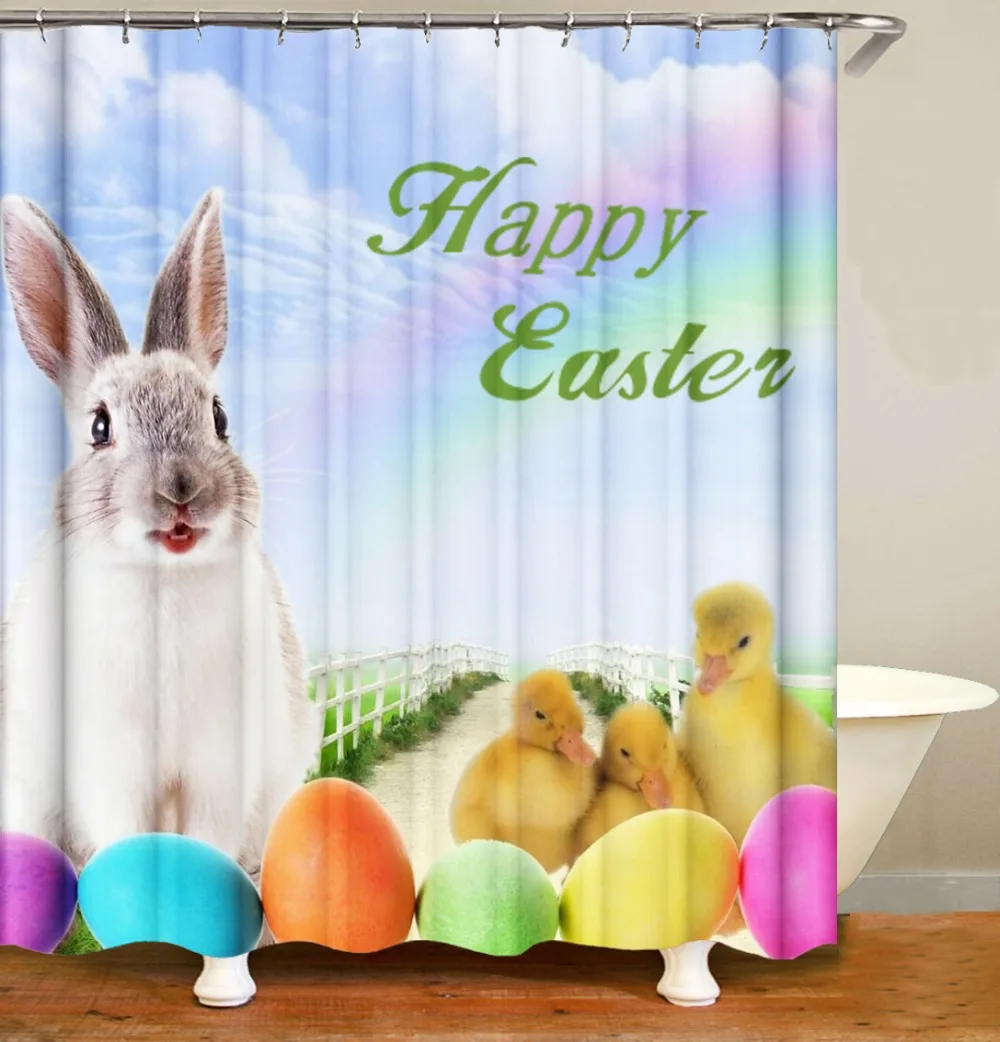 Bathroom Waterproof Fabric Shower Curtain Set Happy Easter Cute Bunny Eggs Tulip 