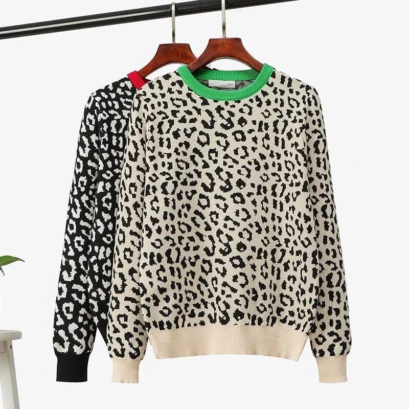 Autumn Winter Women Leopard Print Knitted Sweater Casual O Neck Loose ...