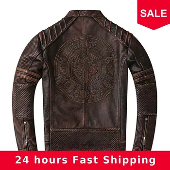 

2020 Vintage Brown American Style Motorcycle Leather Jacket Large Size XXXXL Genuine Cowhide Autumn Slim Fit Biker's Coat