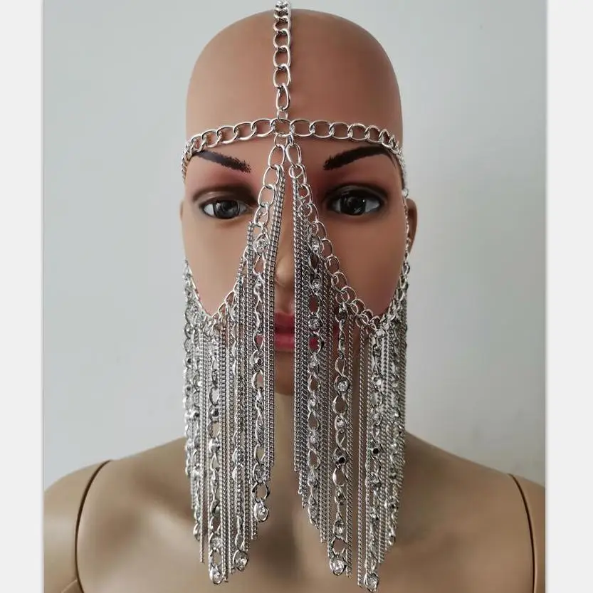 

New Fashion RJH002 Silver Rhinestone Beads Chains Face Mask Layers Head Chains Jewelry Costume Jewelry