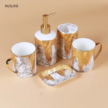 

5 pcs/set High-grade Bone porcelain Bathroom Accessory Set Soap dispenser gargle cup Toothbrush Holder bathroom decoration