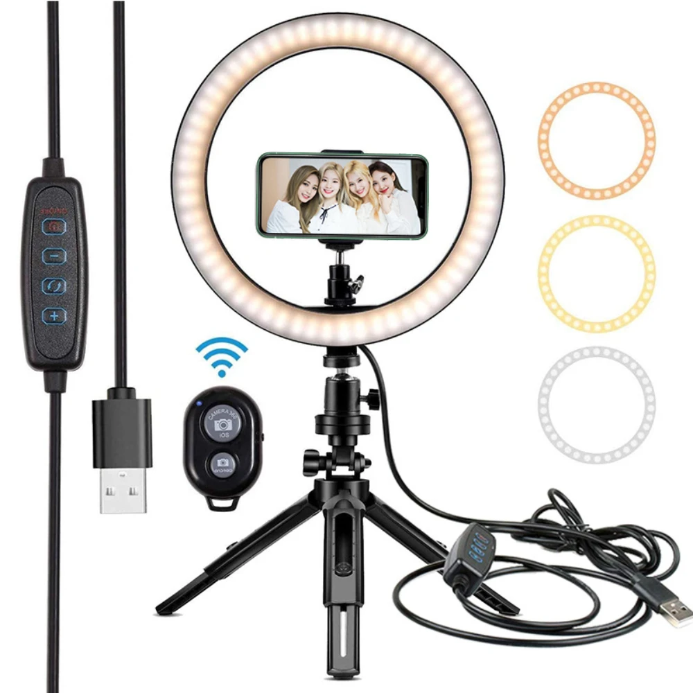 

Ring Light with Retractable Tripod Stand and Phone Holder 26cm LED Ringlight with Adjustable Tripod for Tiktok YouTube Selfie