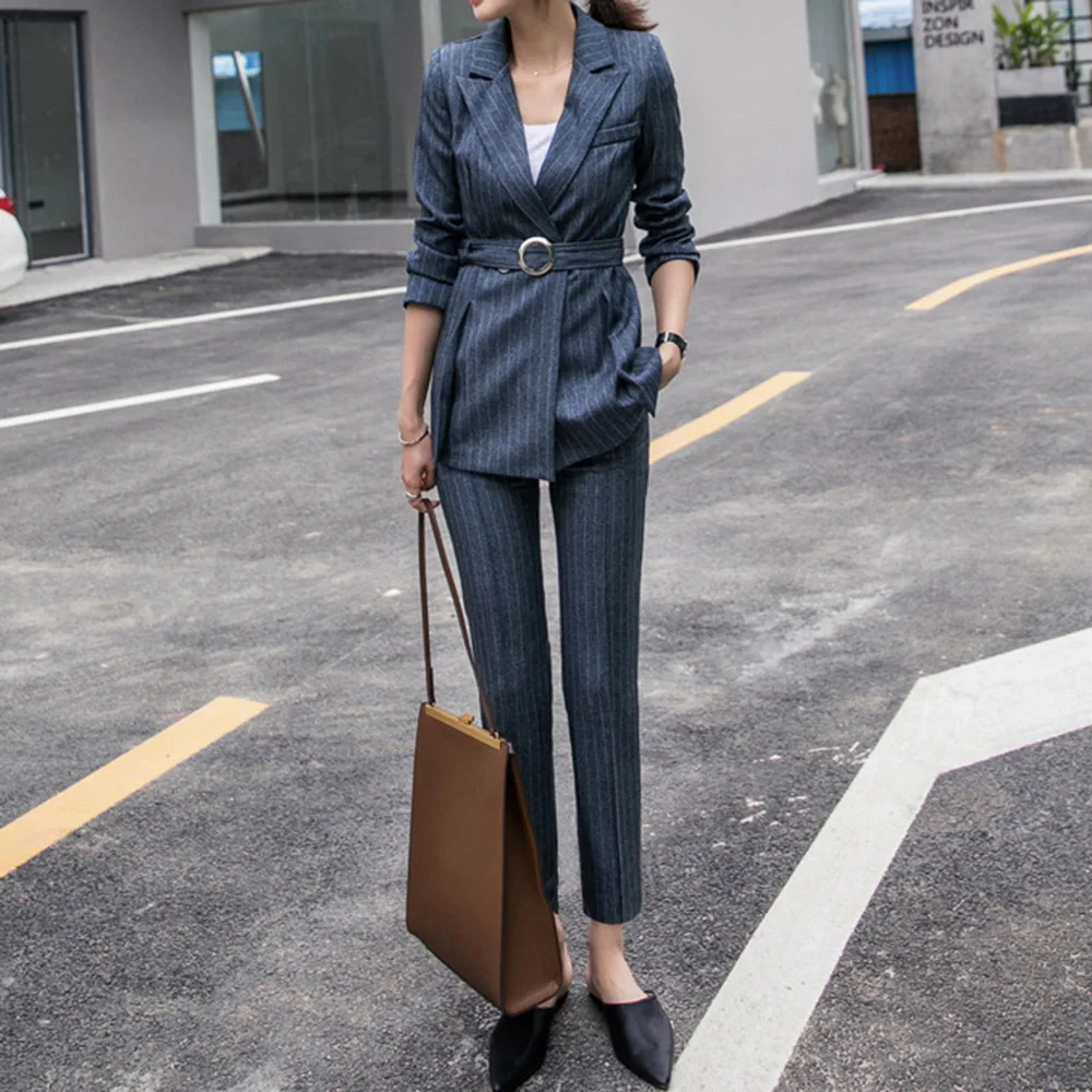 

Fashion Autumn Spring Women Blazer Suits Female Two-piece Formal OL Suit Korean Style Female Gray Stripes Pants WorkWear