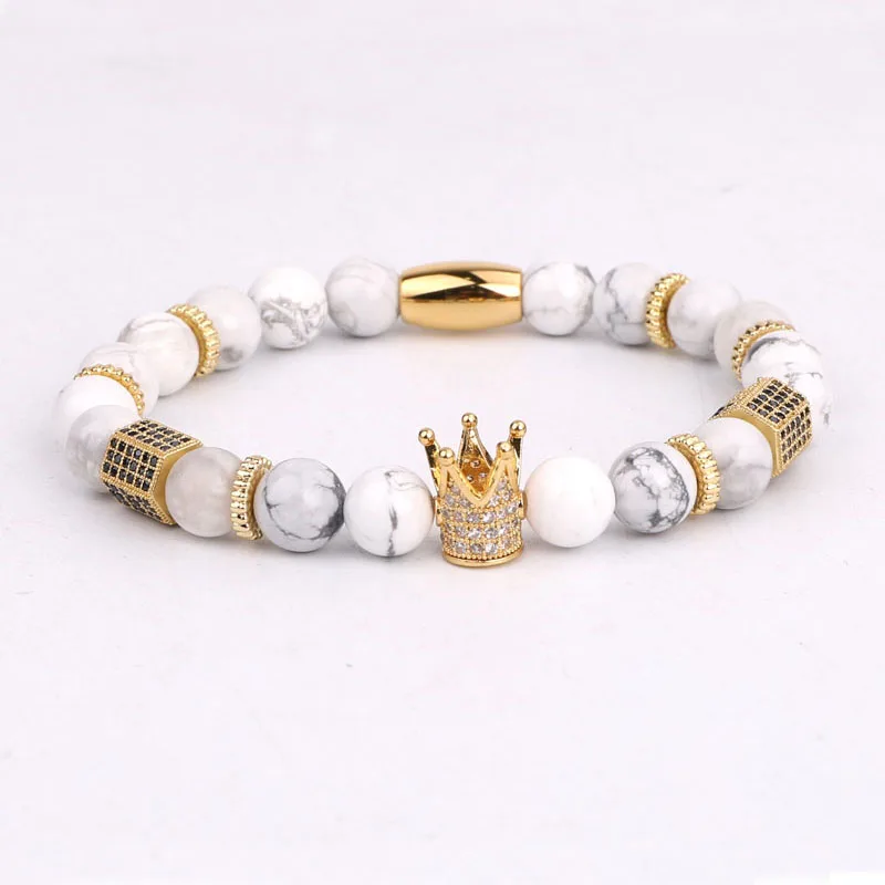 Classic design Cubic Zirconia Crown Charm Natural Stone Beads Elastic Bracelet Men Lady - Image 4