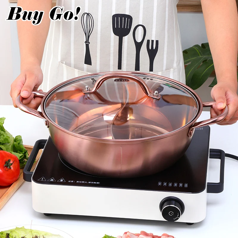 Durable Stainless Steel Copper Hot Pot Compatible Pot Home Kitchen Cookware Soup Table Cooking Pot with Glass Lid Twin Divided