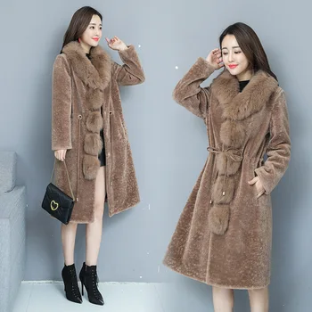 

Women's 2019 winter new long fox fur collar sheep shearing coat Slim lace ladies jacket