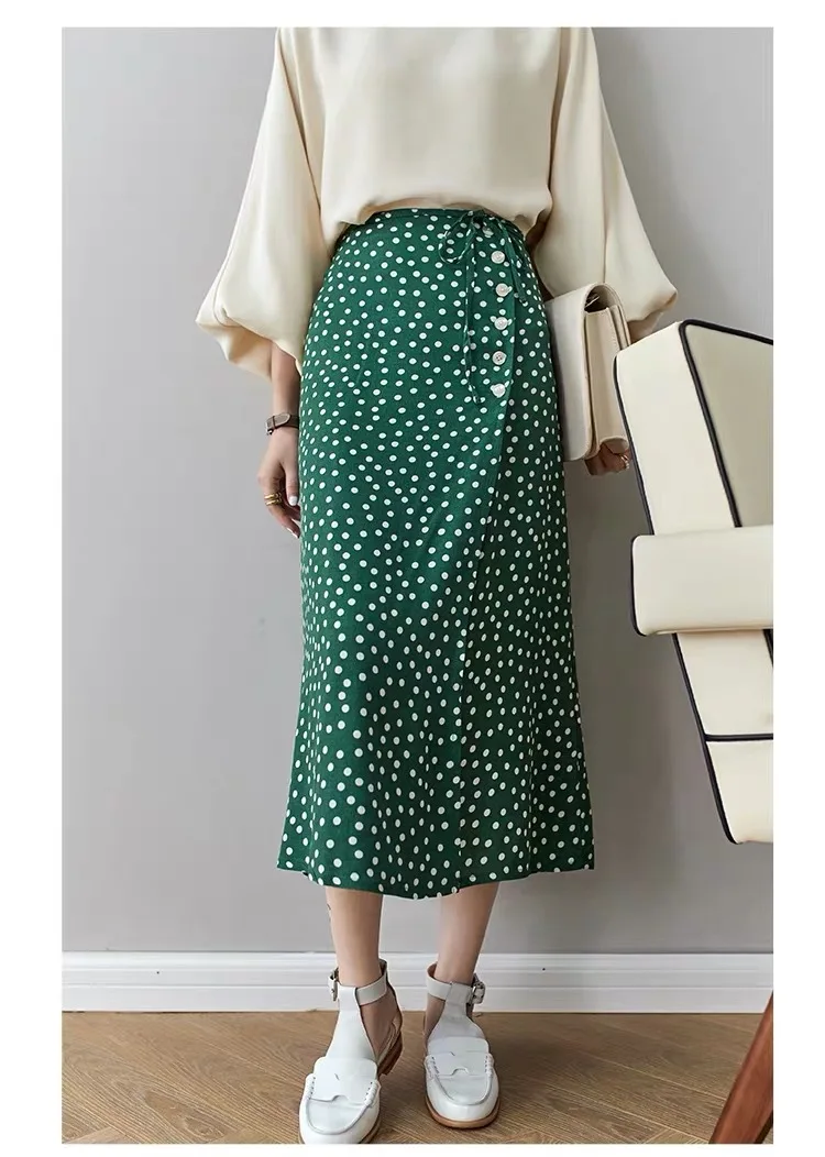 

Viscose 100% Yellow/Green Dots Printed Midi Skirt With Waist Ties & Side With Button Closured