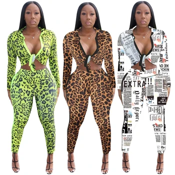 

Women Two Piece Set Long Sleeve Coat Blouse Jacket+Legging Pants Ladies Bodycon Leopard Print Outfits Sweatsuit Tracksuits