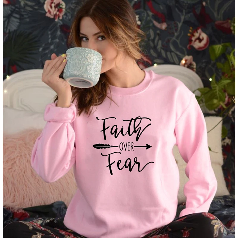 

Women's Faith Over Fear Arrow Print Christian Sweatshirt Spring Autumn Religious Church Pullovers Casual Inspirational Hoodies