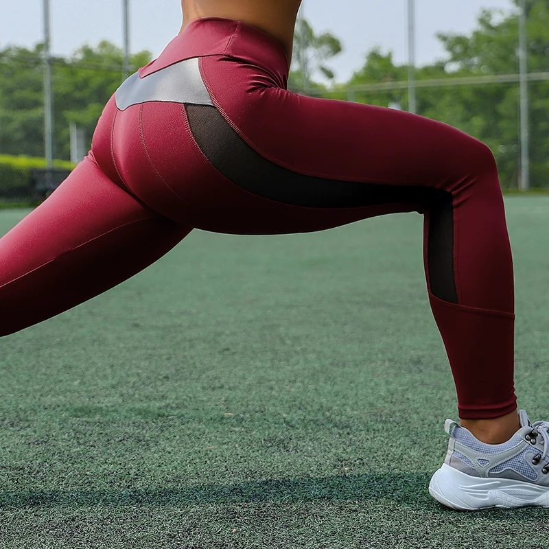 SALSPOR Для женщин спортивная с высокой талией, для фитнеса, леггинсы из сетчатой ткани и из искусственной кожи в стиле пэчворк Йога брюки для занятий спортом, Женский Спортивные штаны