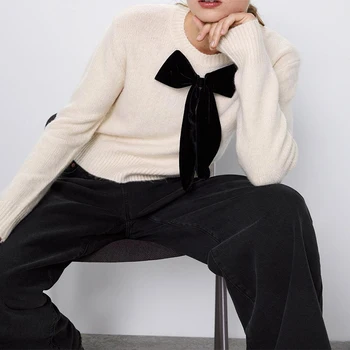 

Autumn 2019 Pullover round neck bow decoration slim women's Pullover round neck sweater fashion casual sweater Streetwear