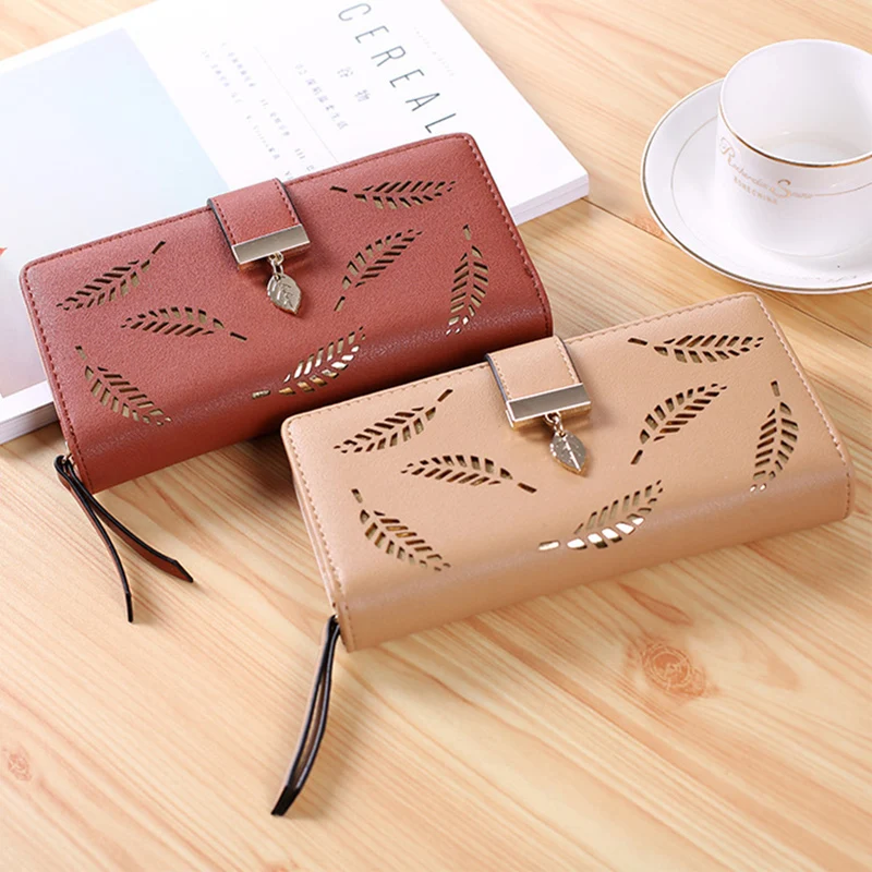 Women's Wallet PU Leather Long Card Holder Clutch Hollow Out Leaves