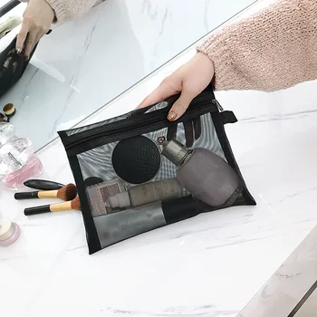 

Cosmetic Bag Travel Zipper Women Fashion Transparent Mesh Makeup Toiletry Organizer Portable Black Multifunction Wash Storage