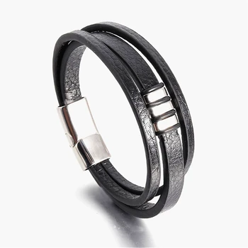 

New 3 Layers Black Gold Punk Style Design Genuine Leather Bracelet for Men Steel Magnetic Button Birthday Gift Male Bracelets