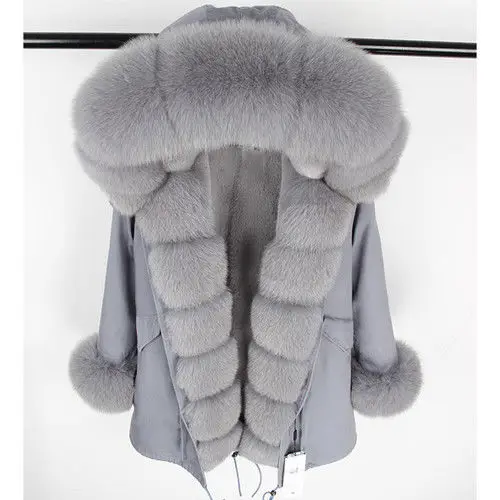 Gray1 With Fur Cuff Лидер продаж Женская натуральный мех лисы парка пальто куртка с капюшоном Подкладка из кроличьего меха Рекс пальто - Цвет: Gray1 With Fur Cuff