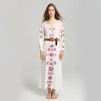 

Summer new women's wear travel Bohemian island holiday beach dress ethnic embroidery long sleeve V collar long dress