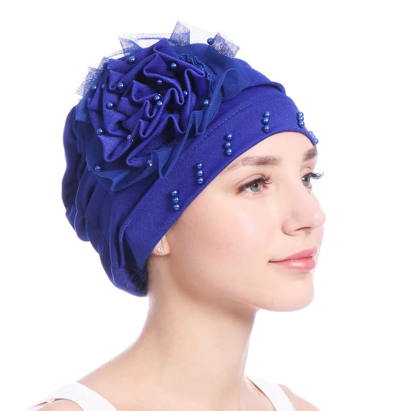 

Helisopus Women Solid Color Beading Turban Muslim Elastic Hijabs Scarf Cancer Chemo Hats Big Flower Headwear Hair Accessories