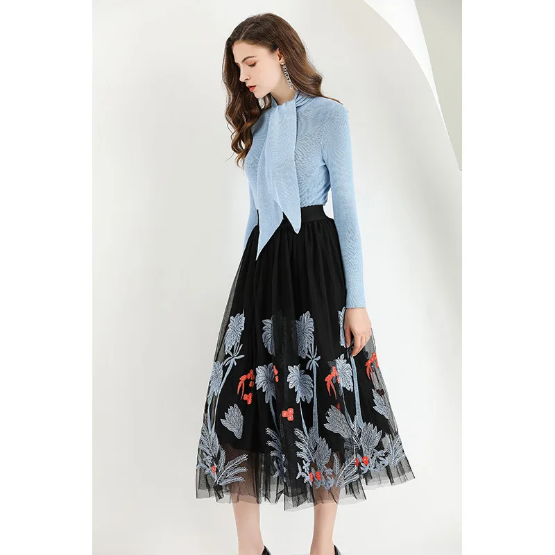 

2019 autumn new long-sleeved kniwt sweater + mesh long skirt skirt set 190829Z01