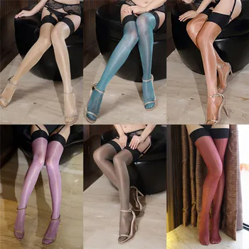 

1pair Sexy Women's Multi-color Oil Shine Shiny Thigh High Stockings Ladies Thin Coolant Lolita Glitter Lustre Legs Rib Top Solid