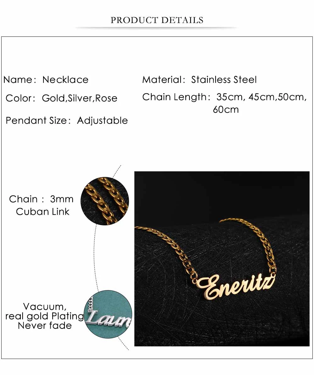 Lemegeton 3 mm kubanische Kette, personalisierte, individuelle Namenskette für Damen und Herren, goldfarben, Edelstahl, Schmuck, Mama-Geschenke – Detail 7