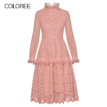 

New Spring Elegant Pink Lace Party Dress Women 2020 Long Sleeve Ruffles A-line Midi Dress
