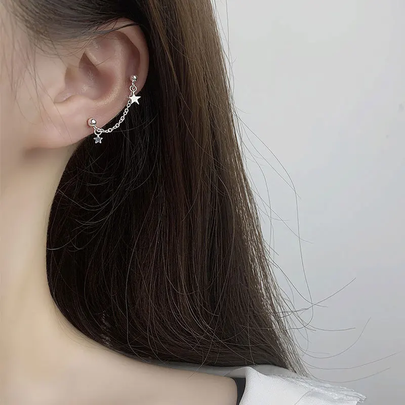 

Real 925 Sterling Silver Star Chain Drop Earrings Double Pierced Drop Earrings for Women Girls Cartilage Earrings