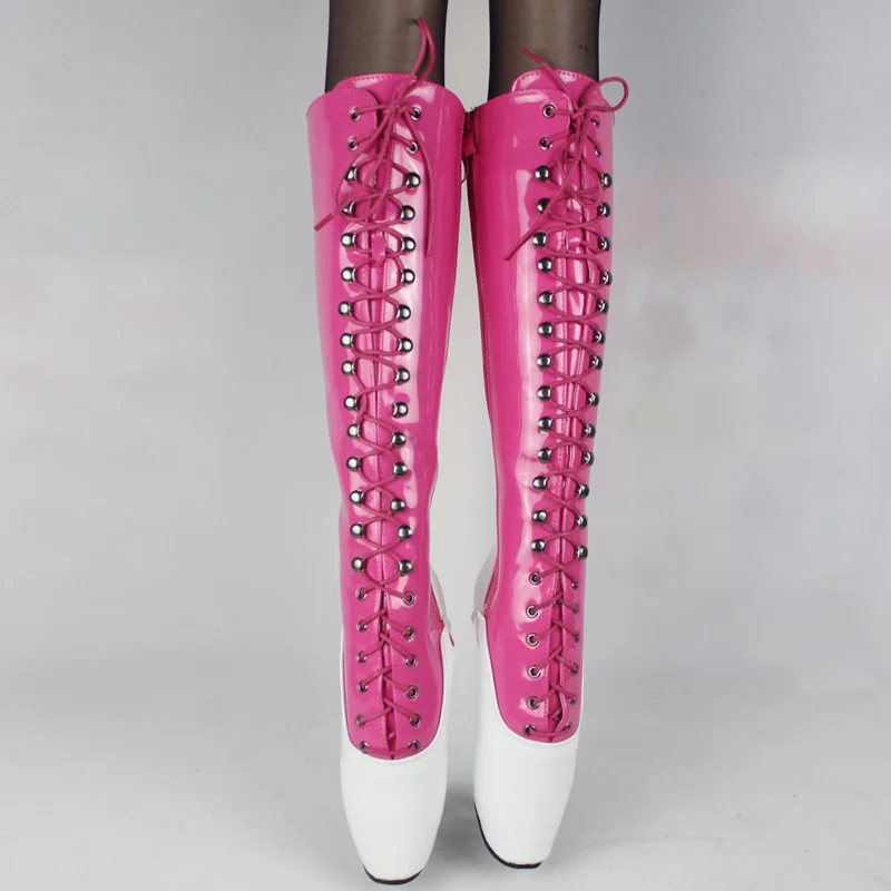 Изготовленные на заказ балетные сапоги до колена на высоком каблуке 18 см, на шнуровке, Фетиш-сапоги персикового и белого цвета