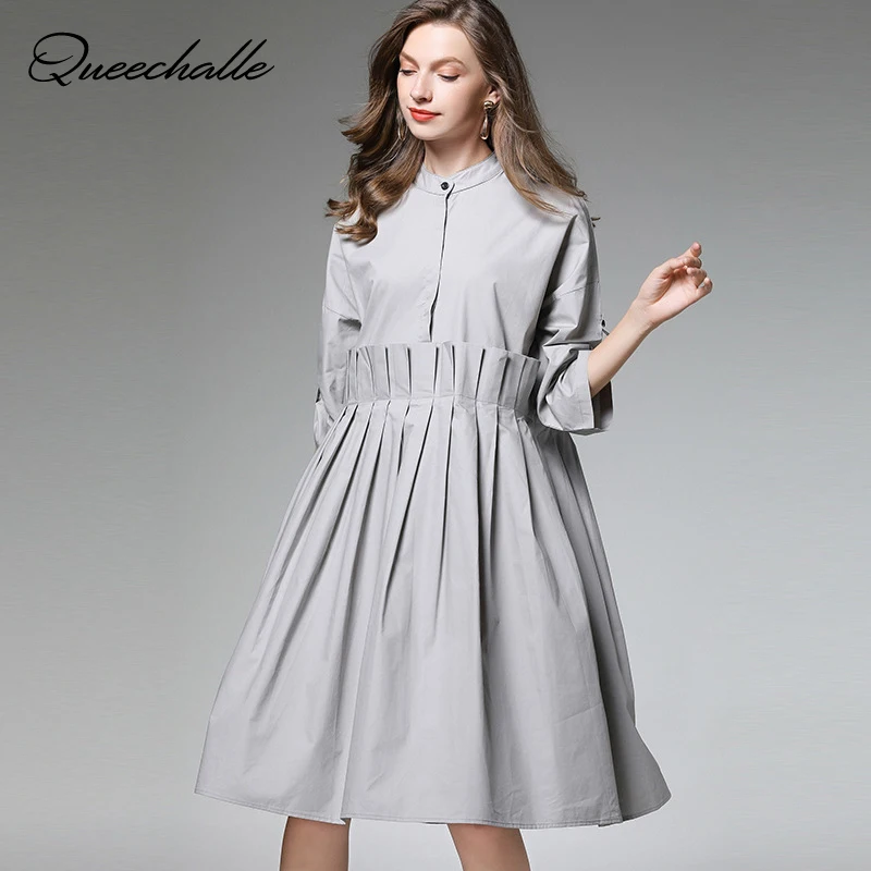Queechalle 4XL женское платье большого размера Осень три четверти с открытыми плечами свободное ТРАПЕЦИЕВИДНОЕ Плиссированное Платье женское платье-миди черное