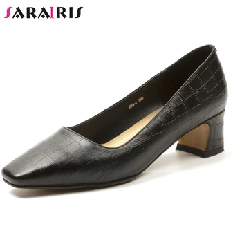 

SARAIRIS New Spring Ol Genuine Leather Shoes Woman Casual Med Chunky Heels Pumps Women Elegant Shallow Office Pumps