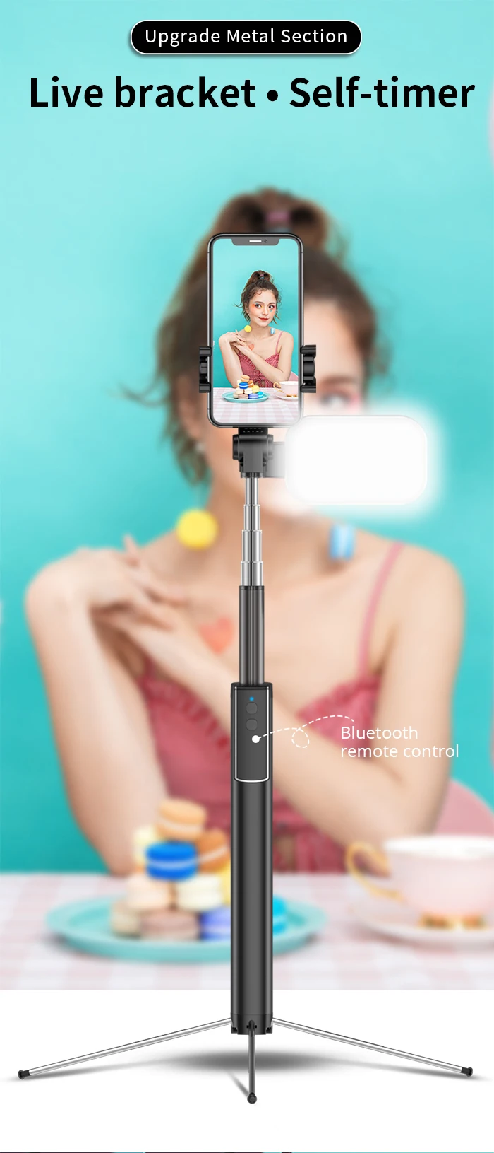 Integrated Portable Metal Selfie Stick Live Bracket Bluetooth Remote Control Selfie Artifact Tripod Telescopic Rod Fill Light (1)