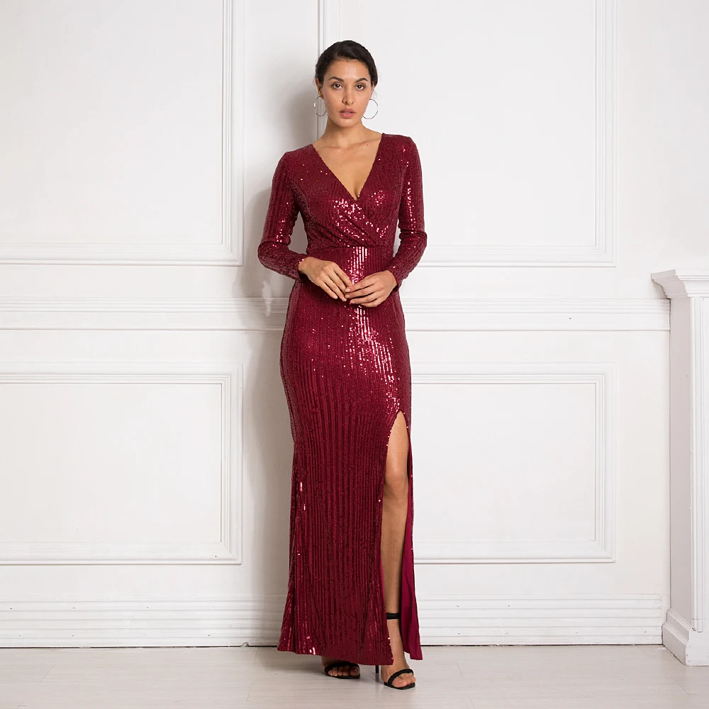 

Burgundy Sequined Wrap Dress V Neck Split Leg Full Sleeved Autumn Stretchy Maxi Dress
